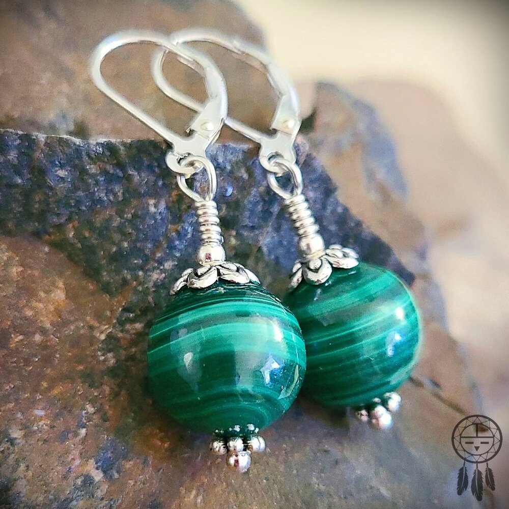 Natural Malachite Dangle Earrings 925 Sterling Silver Gemstone Jewelry - Picture 7 of 12